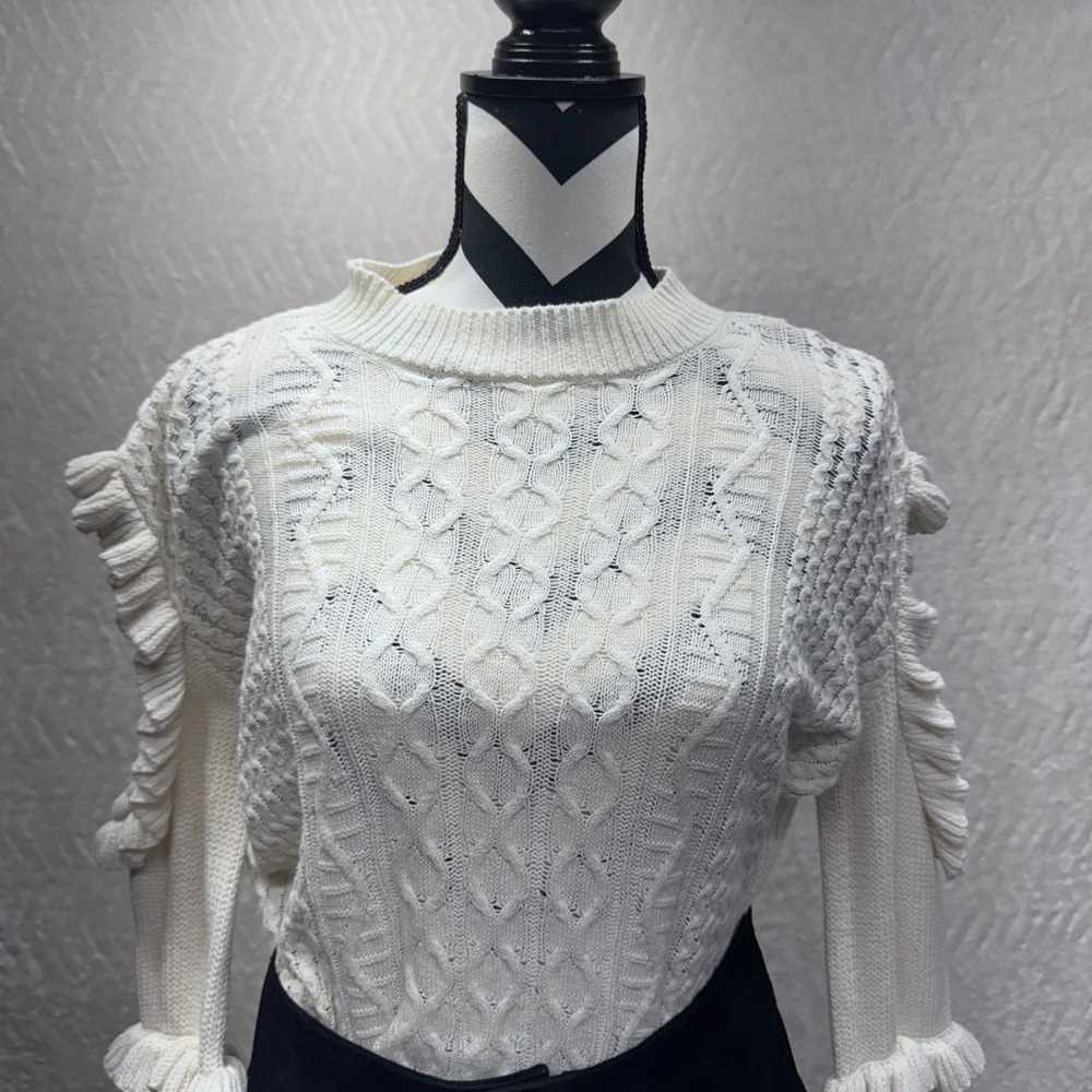 Express Cream Cable Knit Ruffle Sleeve Mock Neck Sweater Medium